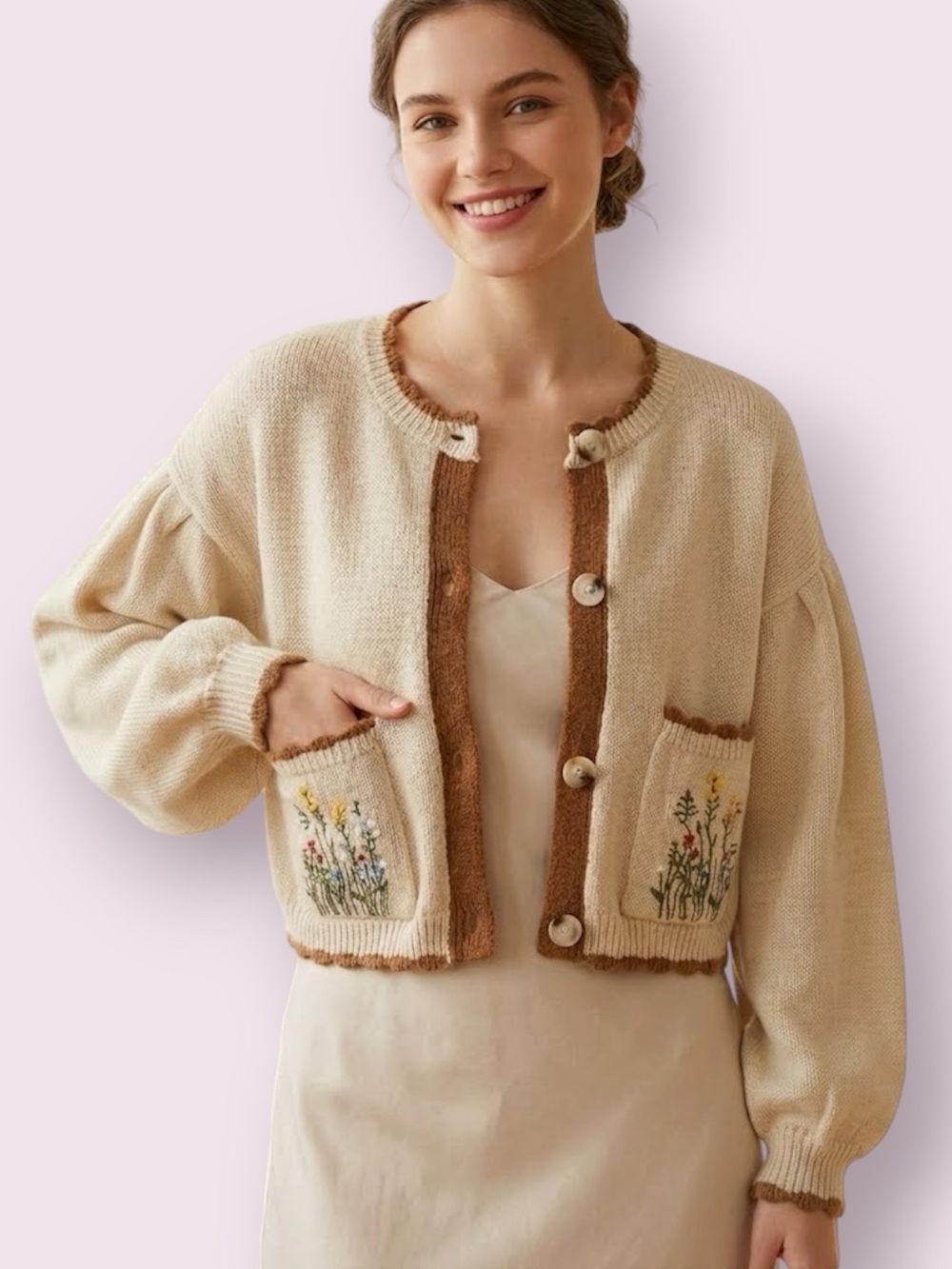 ROMWE Fairycore Floral Embroidery Crop Bishop Sleeve Cardigan Sweater Large
